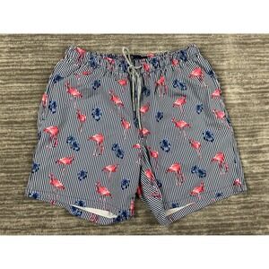 Rainforest Swim Trunks Men Large Navy White Striped Flamingo Print Mesh Lined 6"